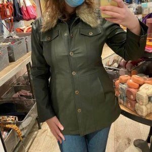Olive Green Vegan Leather and Fur Jacket - Maeve Anthropologie